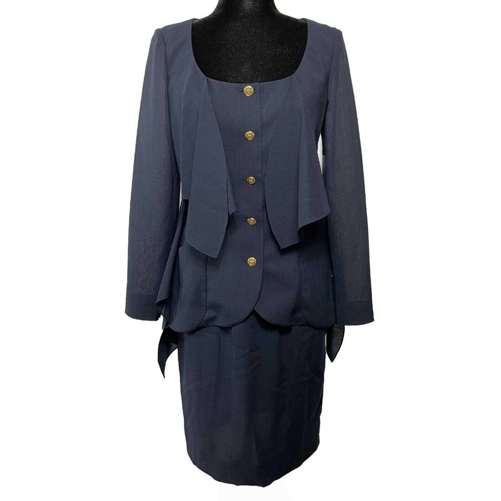 CHANEL - Wool Suit Cascade Jacket and Skirt - CC Buttons - Navy / Gold 36 US 6